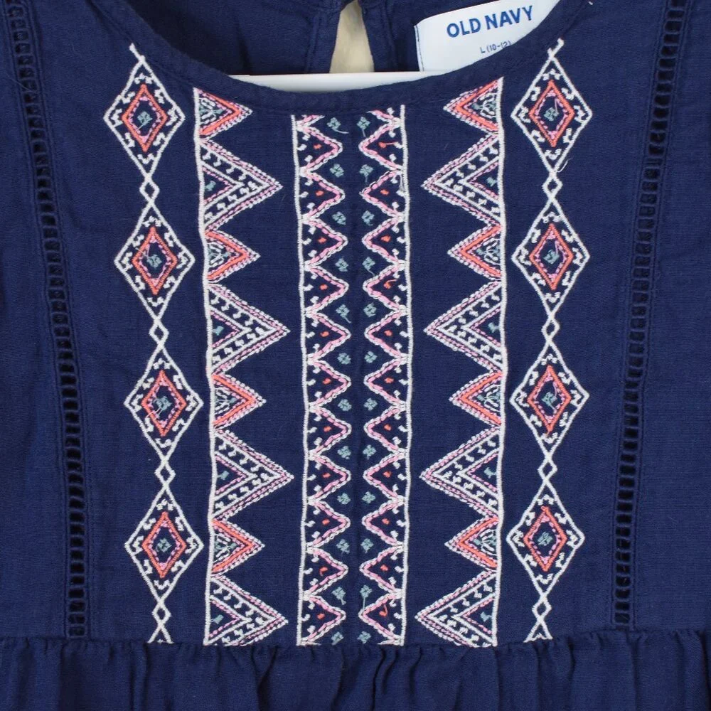 Old Navy Girl's Cotton Bohemian Embroidered Navy Ruffle Sleeve Dress - L (10/12)